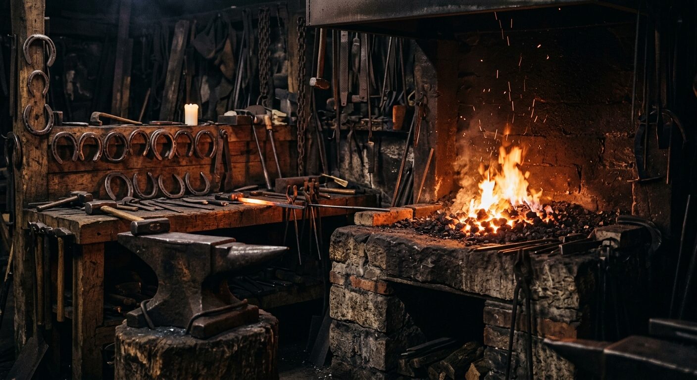 The forge interior at work — a bright fire throwing sparks past a wall of hung horseshoes and a single lit candle.