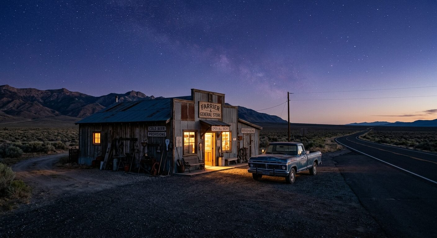 The store at full night — glowing windows and doorway, a vintage pickup out front, and the Milky Way overhead as the highway curves off into black.