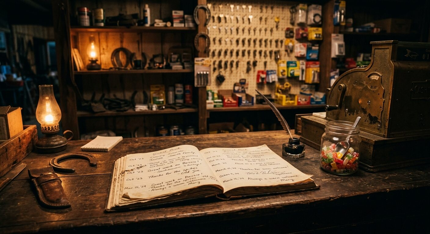 The lamplit front counter at night — an oil lamp, an open handwritten guest book, and a jar of complimentary candy.
